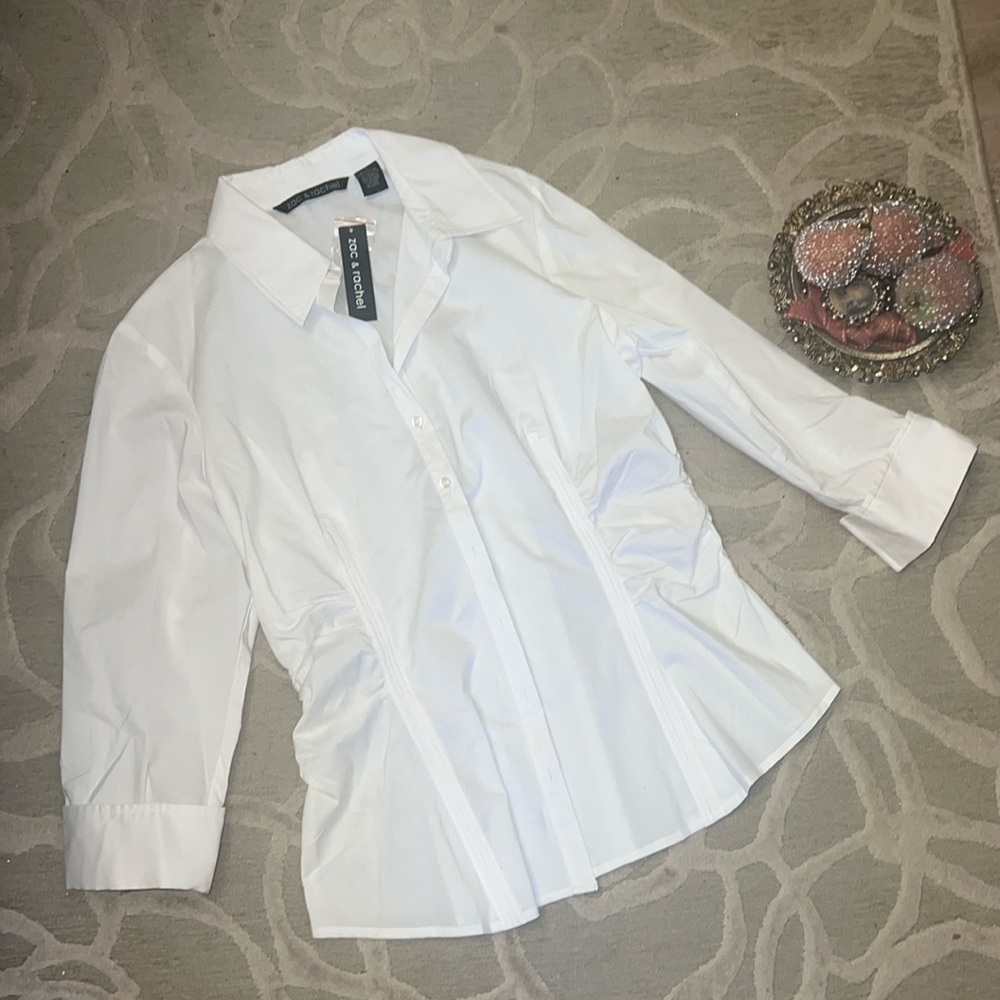 NWT🌷ZAC & RACHEL🌷White 3/4 sleeve classic button front stretch ruched blouse